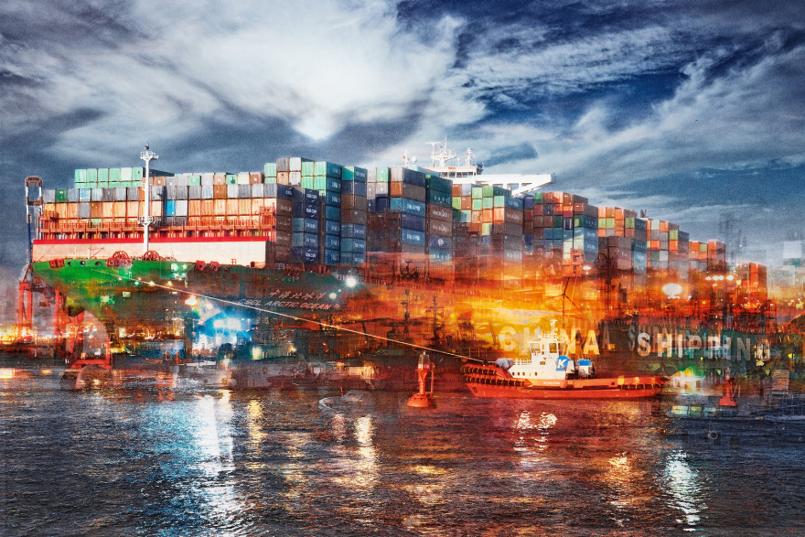 hamburg collage bilder-tor zur welt-containerschiffe-kuenstler uwe fesel